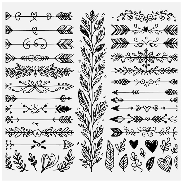 Divisores de texto conjunto de garabates flechas Boho elementos decorativos de boda con hojas remolinos corazones