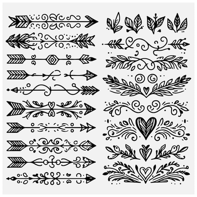 Divisores de texto conjunto de garabates flechas Boho elementos decorativos de boda con hojas remolinos corazones