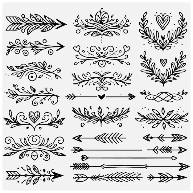 Divisores de texto conjunto de garabates flechas Boho elementos decorativos de boda con hojas remolinos corazones