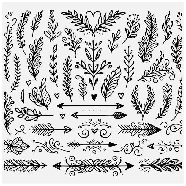 Divisores de texto conjunto de garabates flechas Boho elementos decorativos de boda con hojas remolinos corazones