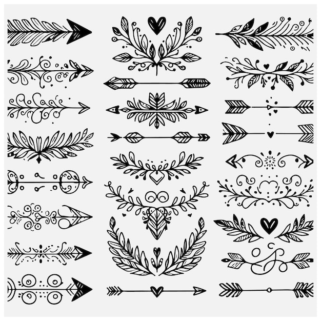 Divisores de texto conjunto de garabates flechas Boho elementos decorativos de boda con hojas remolinos corazones
