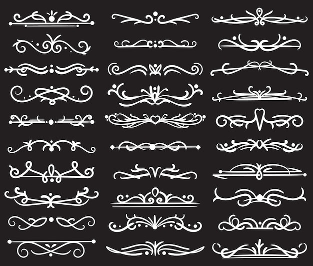 Divisores vintage dibujados a mano. Adornos vintage para tarjetas de felicitación de boda y carteles, plantillas de scrapbooking, marco caligráfico de elegancia blanca, objetos aislados de vector de decoración de línea clásica en negro