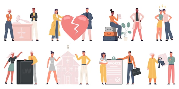 Divorcio separación ruptura familiar y asignación parental Conjunto de ilustración de vector de división de propiedad de hombre y mujer Conflicto de matrimonio y separación