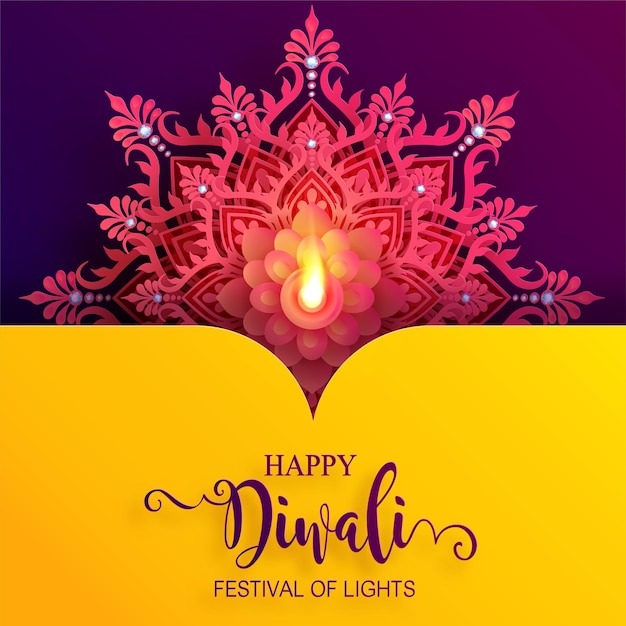 Diwali, deepavali o dipavali el festival de las luces de la india con diya de oro estampado y cristales sobre papel de color de fondo.