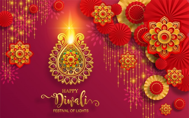 Diwali, Deepavali o Dipavali, el festival de las luces de la India con diya de oro estampado y cristales sobre papel de color de fondo.