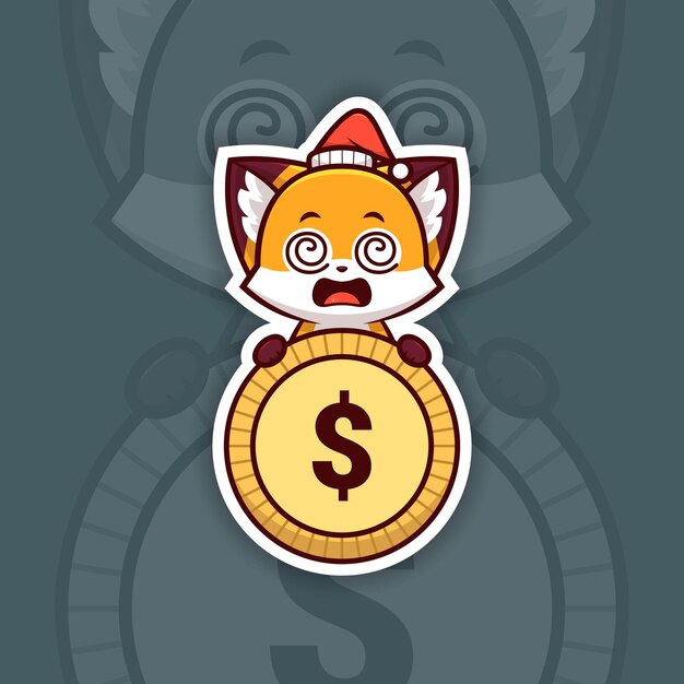 Dizzy Christmas Fox sosteniendo una moneda o un icono de dinero Diseño de pegatina vectorial