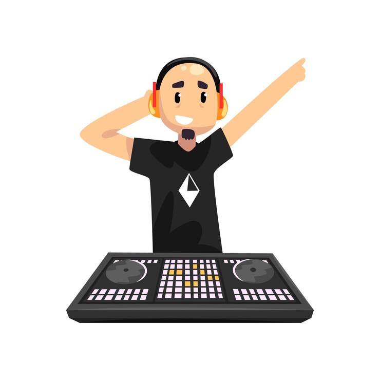Vector dj en auriculares tocando música en la consola mezcladora y bailando vector ilustración aislada sobre fondo blanco