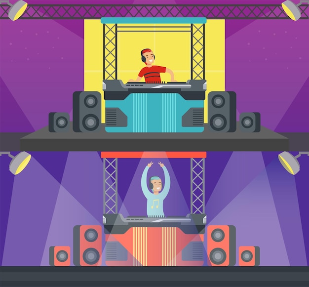 Dj en auriculares tocando música electrónica de baile en las consolas set ilustración vectorial