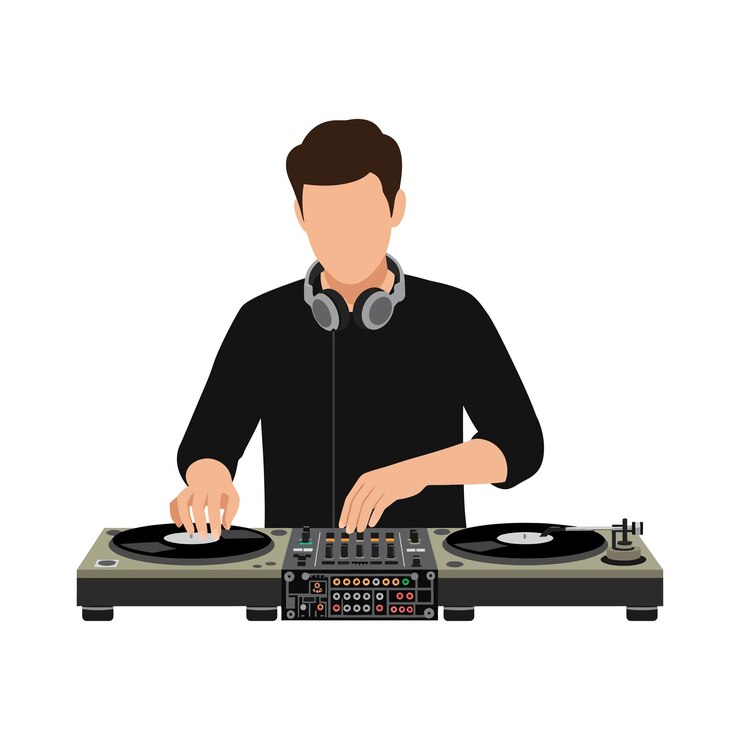 Vector dj masculino tocando discos de vinilo en tocadiscos con auriculares ilustración vectorial