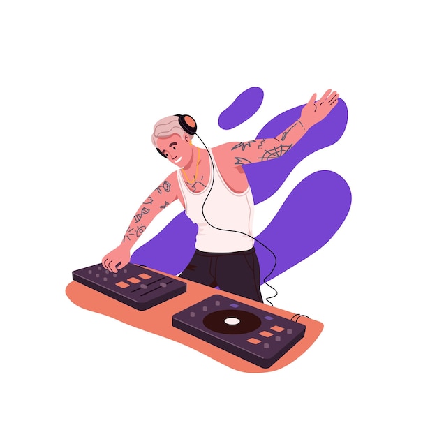 Vector dj moderno tocando discos de música con controlador de audio electrónico hombre feliz en auriculares en el mezclador de consola mezclando pistas de moda con tocadiscos ilustración vectorial plana aislada en fondo blanco