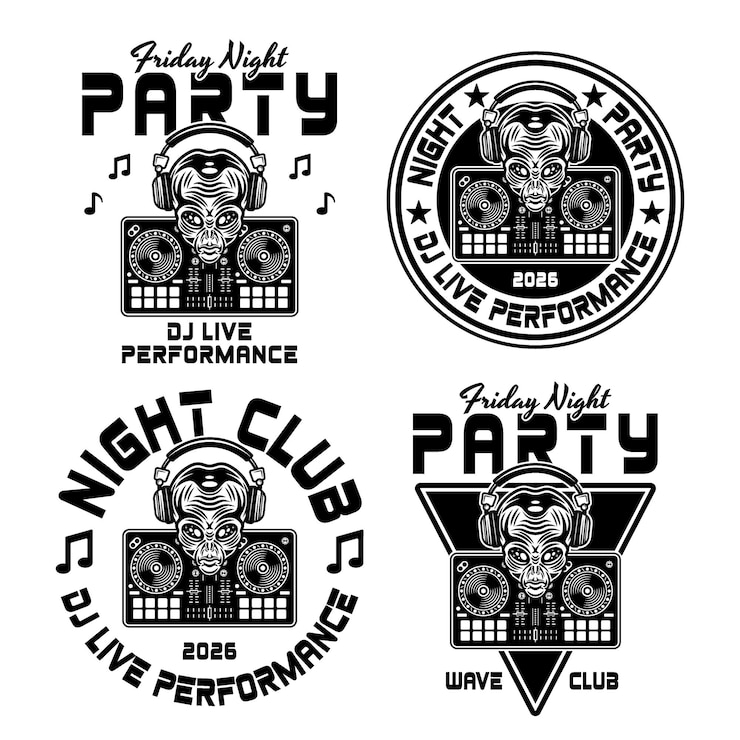 Vector dj party night club conjunto de emblemas vectoriales con cabeza alienígena en auriculares y ilustración de controlador de mezclador de dj aislado en fondo blanco