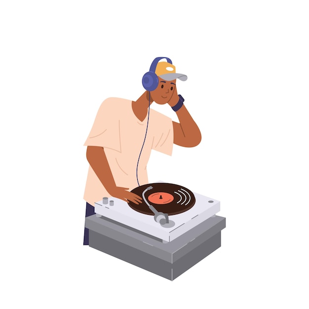 Dj personaje masculino con auriculares de pie en la mesa de mezclas de tocadiscos haciendo música de baile
