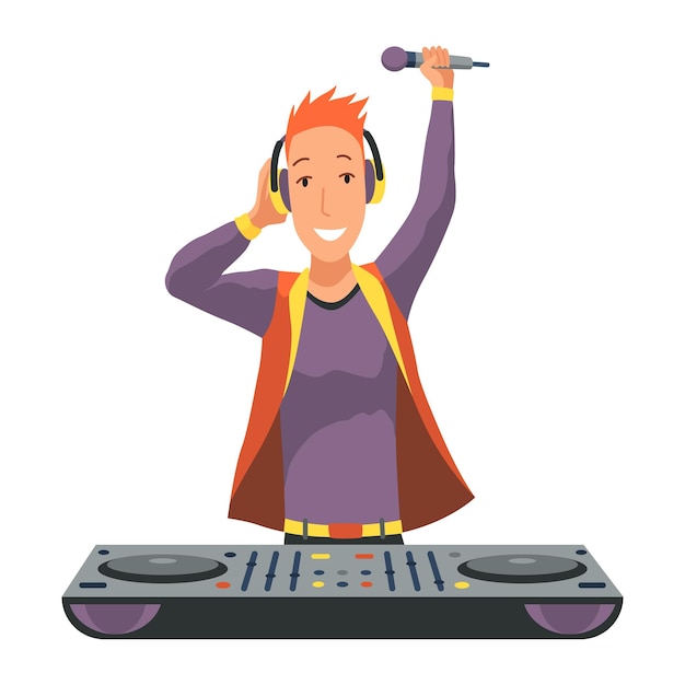 Dj personaje músico de fiesta masculino en auriculares para eventos música de grabación consola vector gente dj música