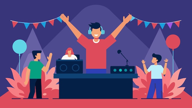 Vector un dj toca melodías en un escenario improvisado mientras los asistentes a la fiesta bailan y levantan sus copas para celebrar