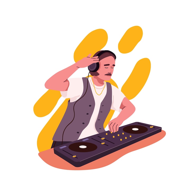 Vector dj tocando discos en el controlador de audio electrónico hombre disfrutando de la música en el mezclador de consola mezclando sonidos con tocadiscos humano con equipo de sonido ilustración vectorial plana aislada en fondo blanco