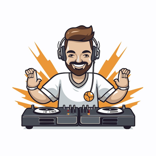 Dj tocando música con auriculares y mezclador ilustración vectorial de estilo retro