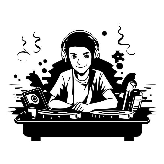 Dj tocando música en el tocadiscos Ilustración vectorial al estilo de dibujos animados