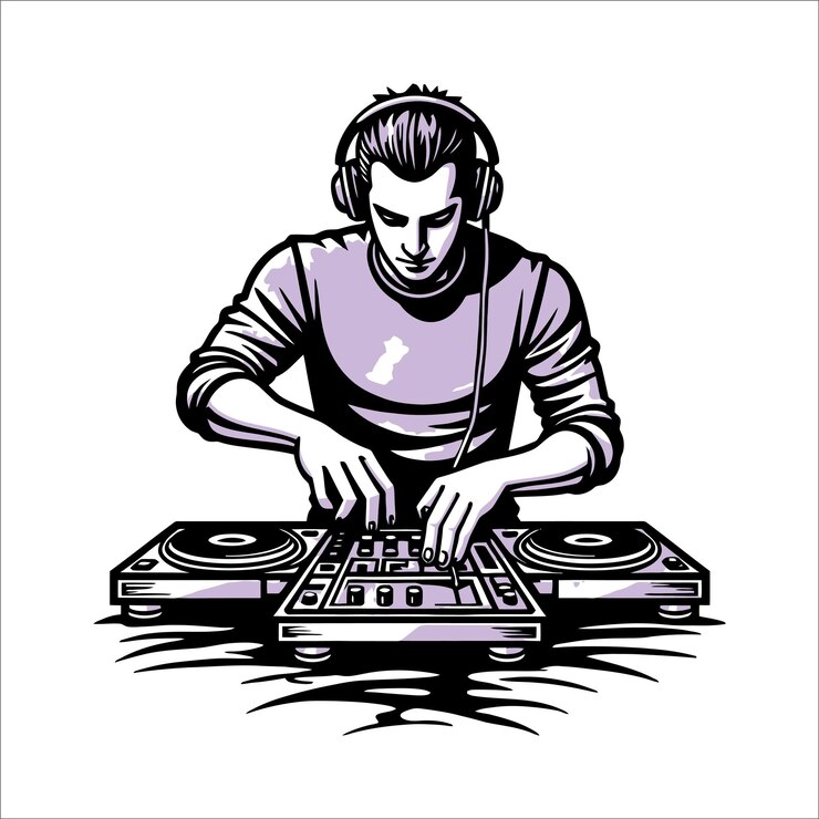 Vector dj tocando tocadiscos y sosteniendo los auriculares con el hombro en el vector de estilo graffiti