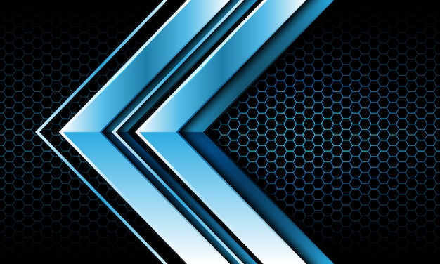 Doble flecha azul brillante metal directi oscuro hexagonal malla fondo.