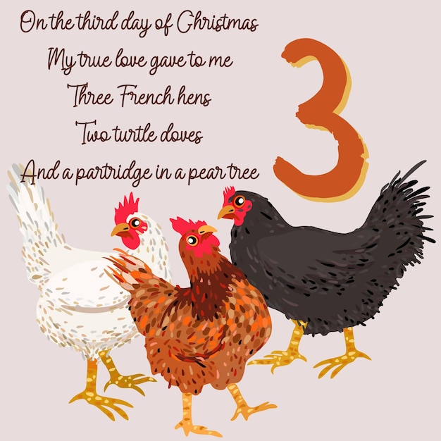 Los doce días de Navidad. Tercer día. Tres gallinas francesas. concepto de navidad.