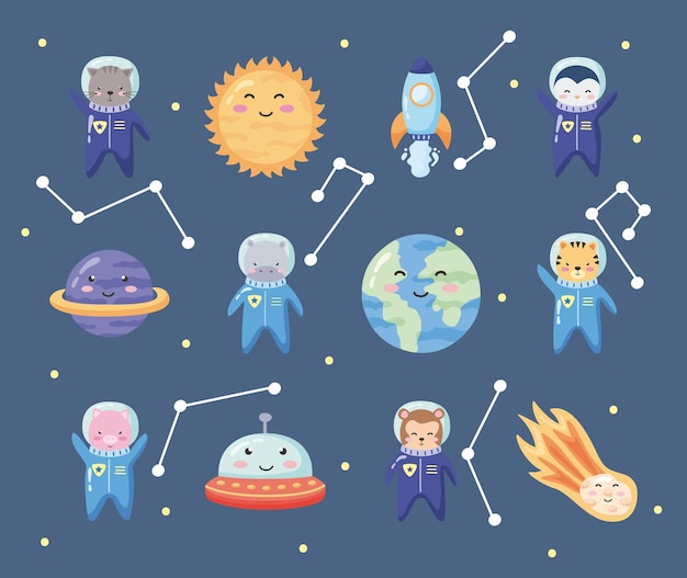 Doce iconos de animales espaciales