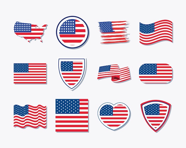 Doce iconos de conjunto de bandera de Estados Unidos