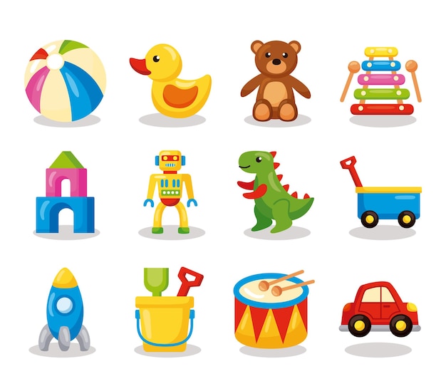 Vector doce juguetes para niños establecer iconos