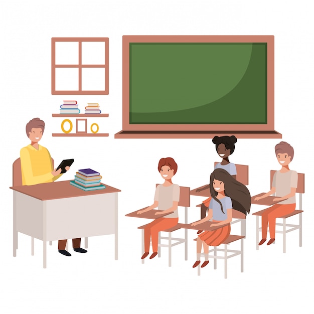 Docente en el aula con alumnos.