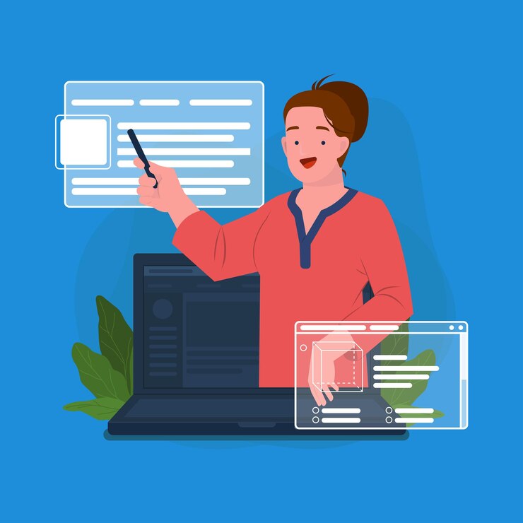 Vector docente enseñando en aprendizaje en línea con computadora portátil en clase en línea