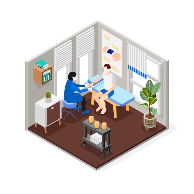 Doctor aplicando vendaje elástico a la muñeca lesionada del paciente masculino composición isométrica ilustración vectorial 3d