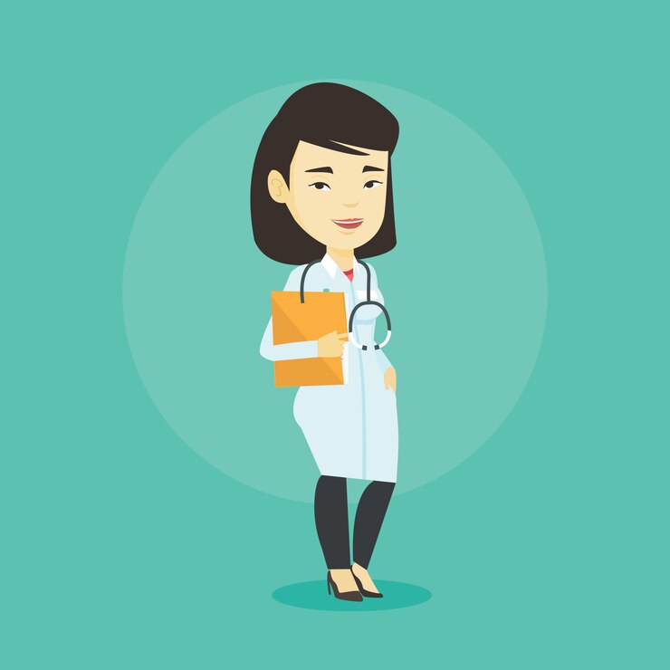 Vector doctor con archivo en consultorio médico.