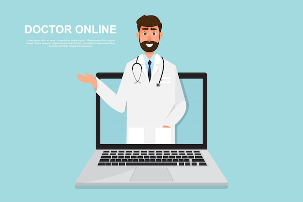 Vector doctor ayuda y cuidado de personas dentro de la computadora portátil