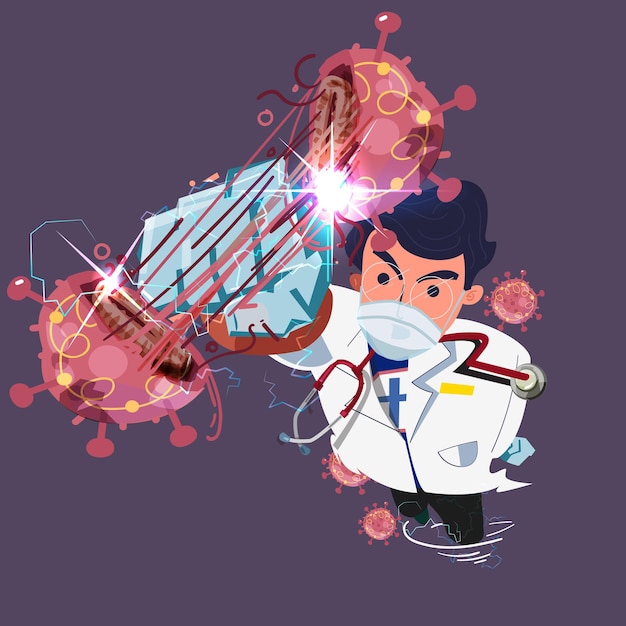 Vector doctor como superhéroe en uniforme de hospital que golpea virus