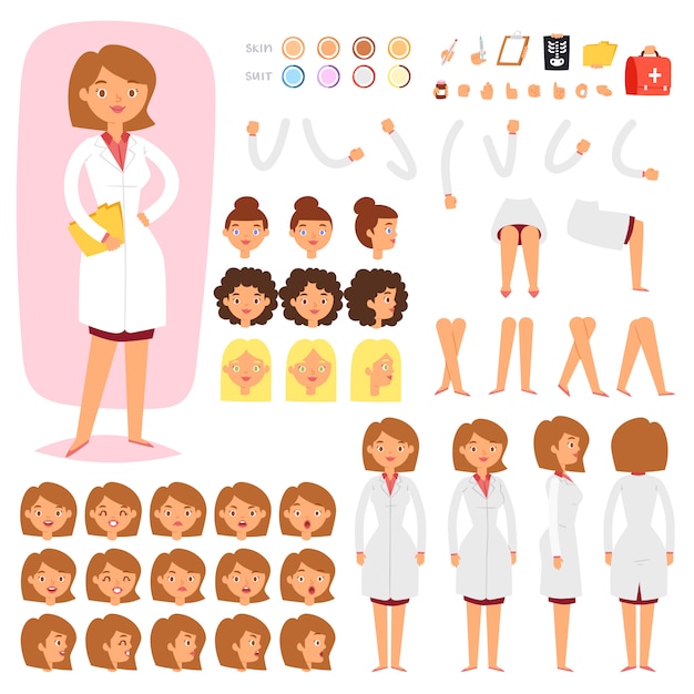 Doctor constructor creación de carácter médico femenino cabeza y cara emociones ilustración conjunto de cuerpo de persona de hospital con manos piernas construcción sobre fondo blanco