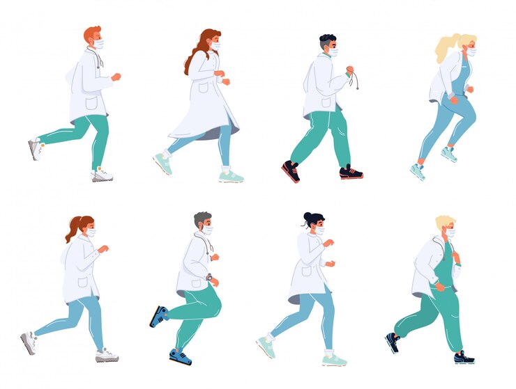 Doctor corriendo en máscaras clínica salud urgencia conjunto