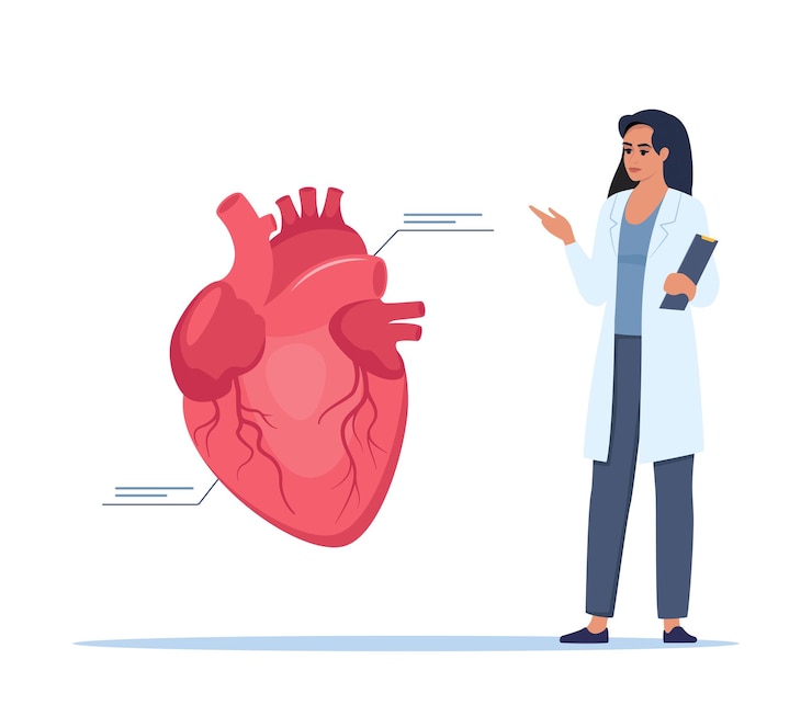 Vector el doctor da una conferencia de capacitación sobre anatomía el doctor presenta infografías del corazón humano