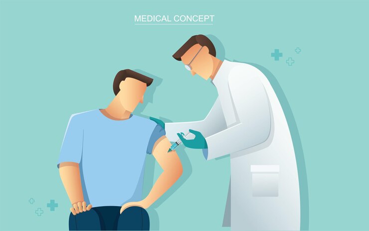 Vector doctor dando la vacuna al paciente, concepto de salud de la medicina