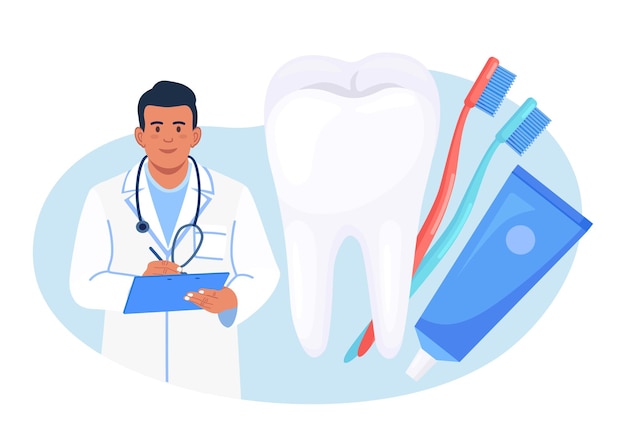 El doctor dentista cepilla los dientes del paciente, elimina la placa, trata la caries dental. problemas estomatológicos, cuidado e higiene dental. ocupación de estomatología para proteger los dientes humanos de la caries y prevención de la salud.