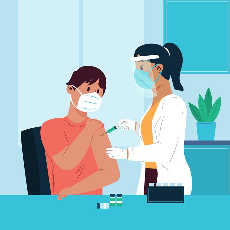 Vector doctor dibujado inyectando vacuna a un paciente