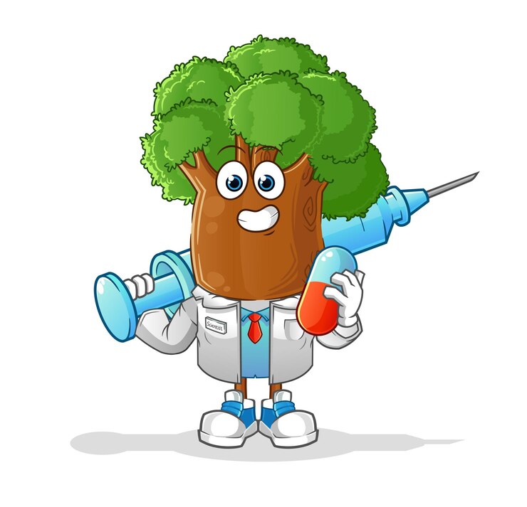 Vector doctor de dibujos animados de cabeza de árbol sosteniendo medichine e inyección