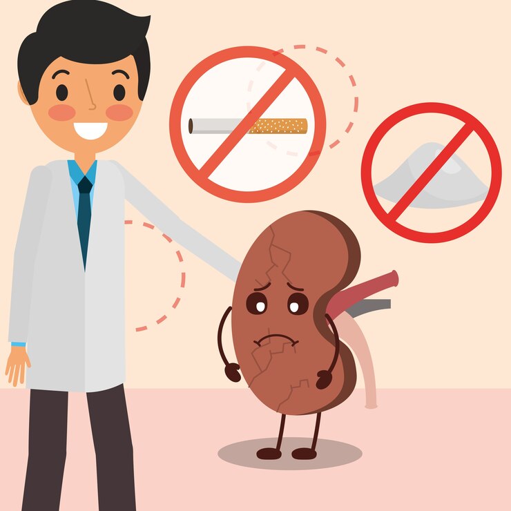 Vector doctor dibujos animados riñón prohibido sal y tabaco