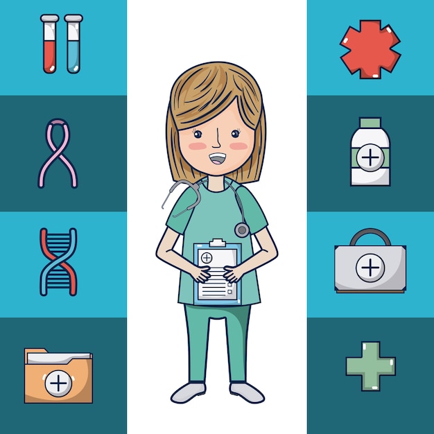 Doctor con dibujos animados de símbolos médicos