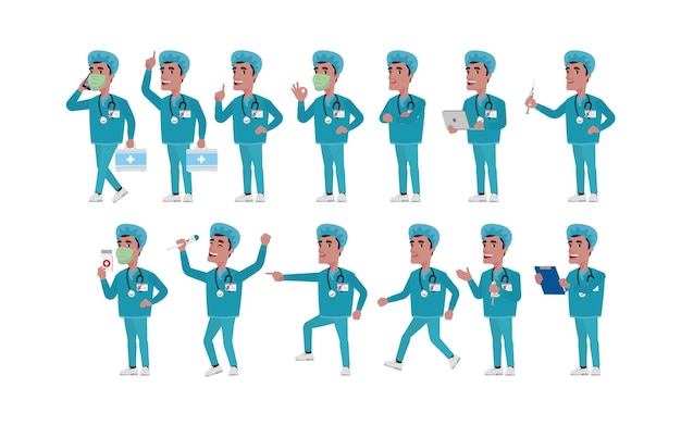 Doctor con diferentes poses. vector