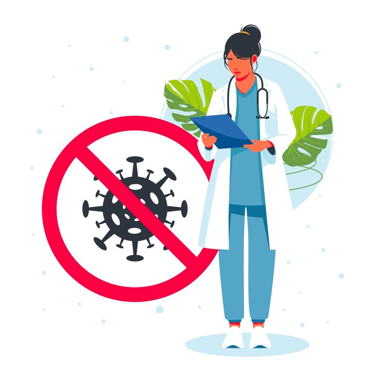 Vector el doctor está tratando el coronavirus. el médico se encuentra en el letrero de no coronavirus. ilustración vectorial tratamiento de pacientes infectados con el virus covid-19. doctor examinando al paciente, tratando a los pacientes