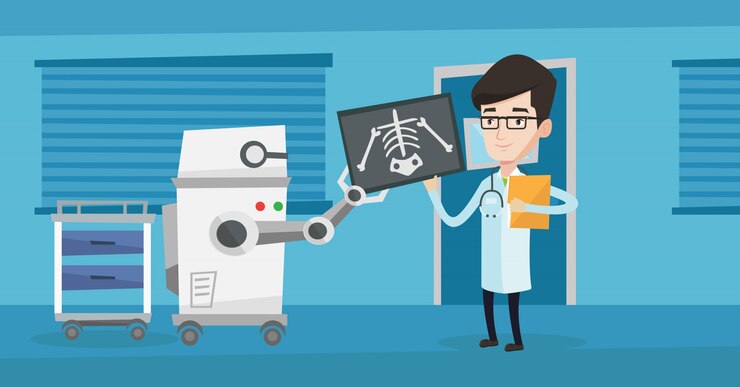 Vector doctor examinando radiografía con ayuda de robot.