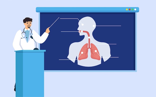 Doctor explicando sobre la anatomía de los pulmones humanos en un tablero. presentación explicando gráficos.