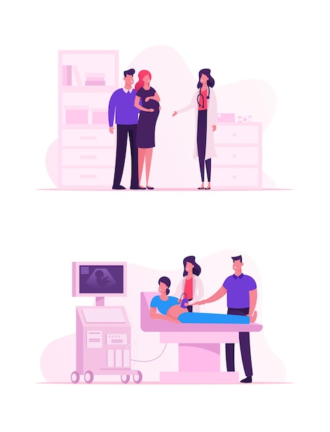 Doctor haciendo chequeo de detección de feto por ultrasonido en la clínica. Ilustración plana de dibujos animados