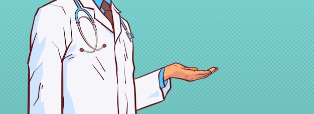 Doctor hold open palm mano para copiar espacio primer médico médico prectitioner en bata blanca