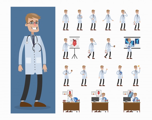 Doctor hombre conjunto. Poses y movimientos, presentaciones y tratamiento.