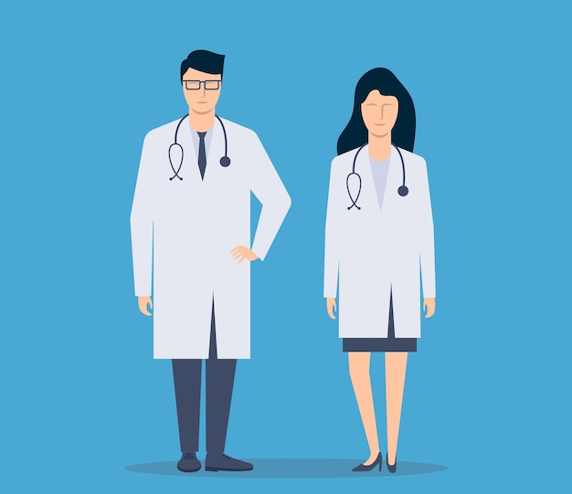 Doctor hombre y mujer enfermera están en pleno crecimiento aislado en segundo plano. Ilustración vectorial